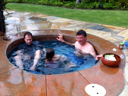 The menfolk and the kids in the hot tub